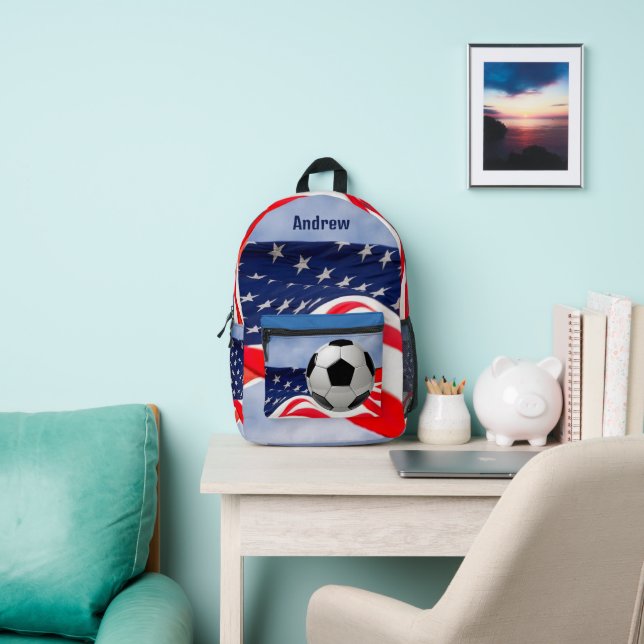 Soccer Ball with Flag Red White Blue  Printed Backpack (Insitu)