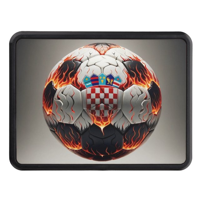 Soccer ball with flames and Croatian flag Trailer Hitch Cover (Front)