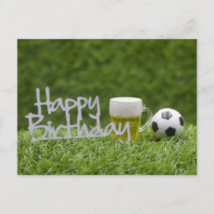 Soccer ball with Happy Birthday word on green  Postcard