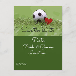 Soccer ball with red heart on green wedding invi postcard