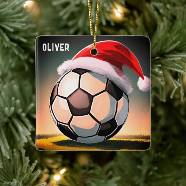 Soccer Ball with Red Santa Hat Name Christmas Ceramic Ornament (Tree)