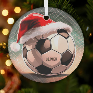 Soccer Ball with Red Santa Hat Name Christmas Glass Ornament