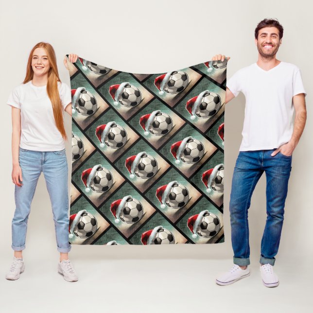 Soccer Ball with red Santa Hat Name Fleece Blanket (In Situ)