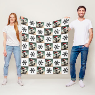 Soccer Ball with red Santa Hat Snowflake Name Fleece Blanket