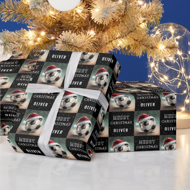 Soccer Ball with Santa Hat Fun Christmas Wrapping Paper (Holidays)
