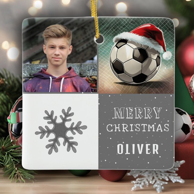 Soccer Ball with Santa Hat Snowflake Photo Ceramic Ornament (Creator Uploaded)