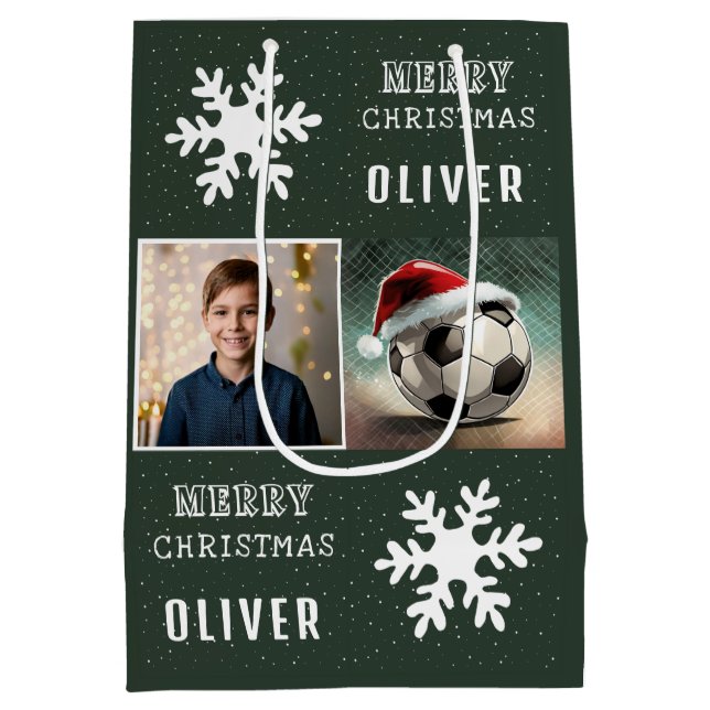 Soccer Ball with Santa Hat Snowflake Photo  Medium Gift Bag (Back)
