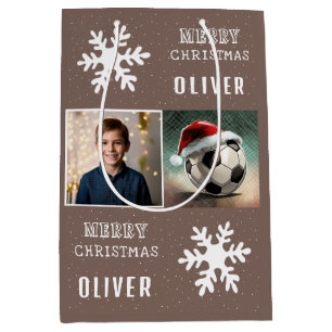 Soccer Ball with Santa Hat Snowflake Photo  Medium Gift Bag