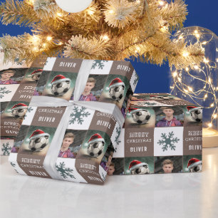 Soccer Ball with Santa Hat Snowflake Photo  Wrapping Paper