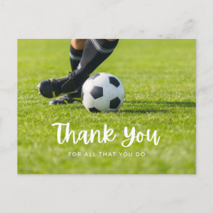Soccer ball with thank all what you do on green  postcard
