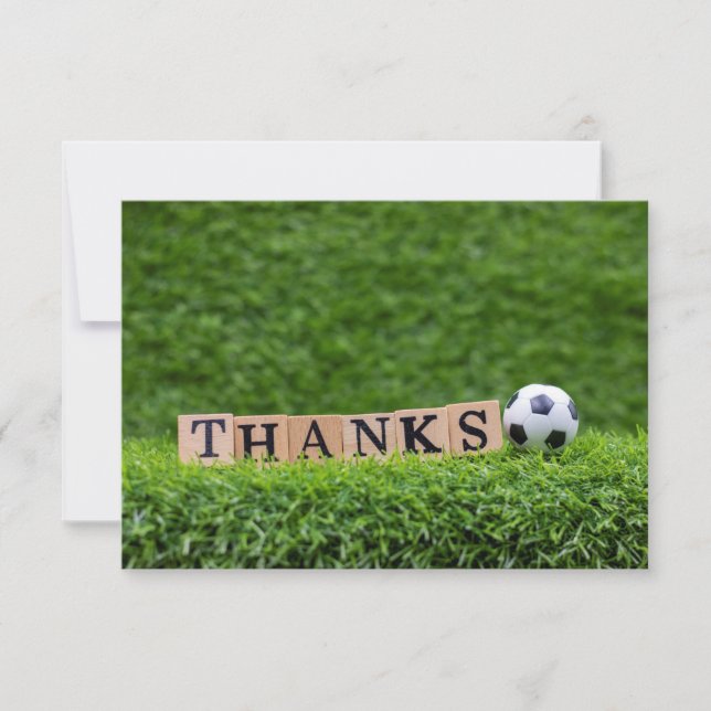 Soccer ball with word Thanks on green grass Postca Thank You Card (Front)
