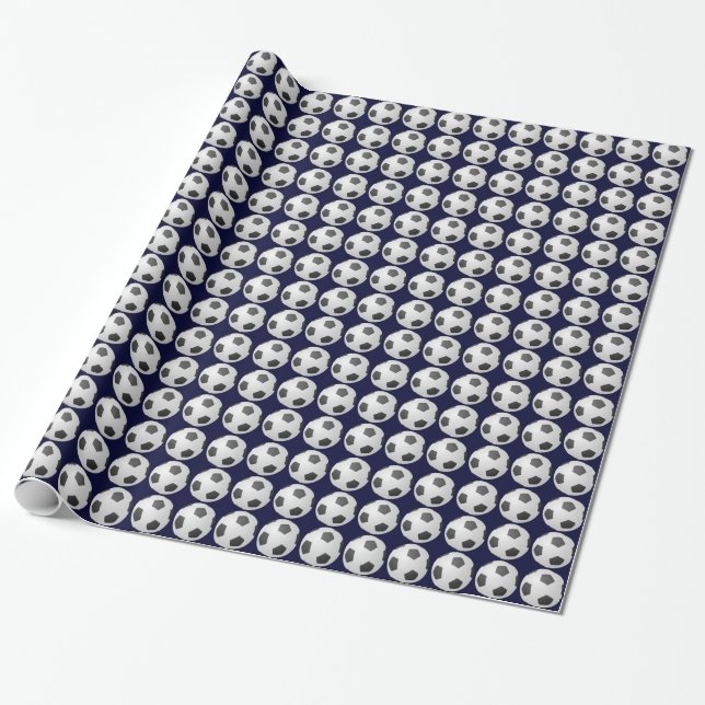 Soccer Ball Wrapping Paper, Dark Blue Background Paper (Unrolled)