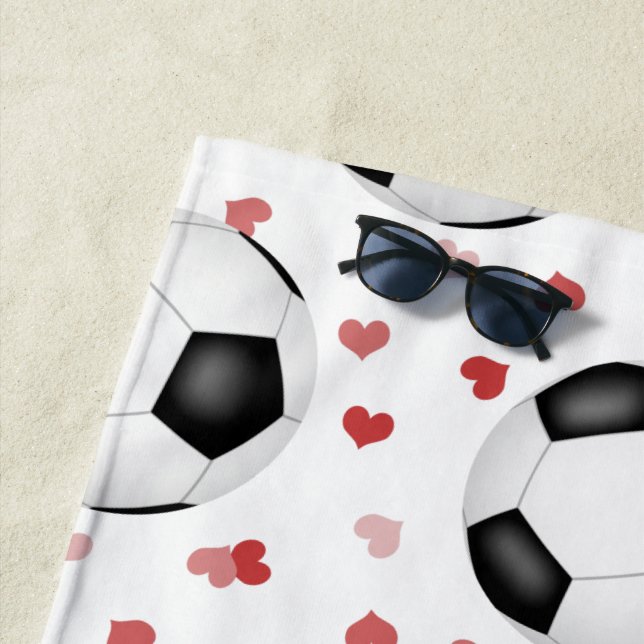 soccer balls and hearts pattern personalized beach towel (In Situ)