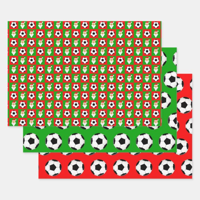 Soccer Balls and Santa Red and Green Christmas Wrapping Paper Sheet (Set)