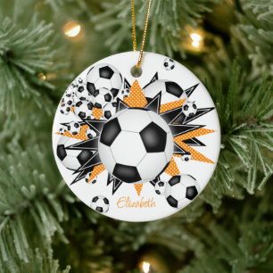 soccer balls black orange stars girls sports ceramic ornament