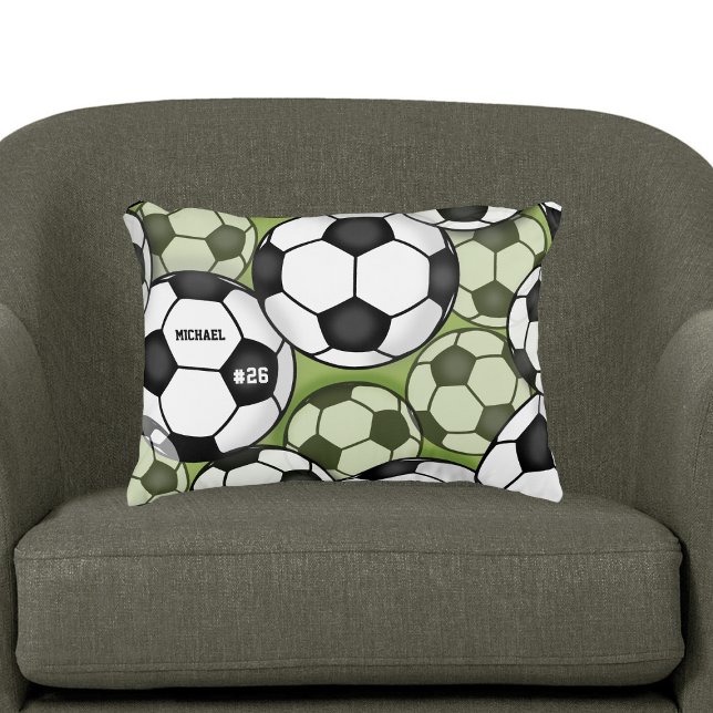 Soccer Balls Black & White Boy's Kids Name Number Accent Pillow (Creator Uploaded)