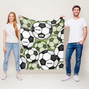 Soccer Balls Black & White Boy's Kids Name Number  Fleece Blanket