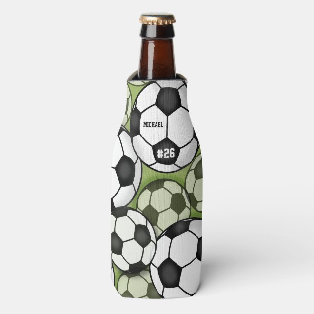 Soccer Balls Black White Player Name Jersey Number Bottle Cooler (Bottle Front)