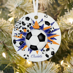 soccer balls blue orange stars girls sports metal ornament