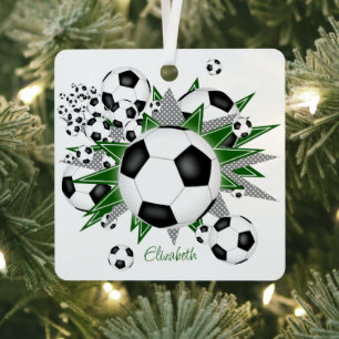soccer balls green grey stars girls sports metal ornament