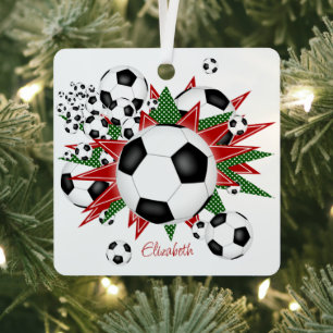 soccer balls green red stars girls sports metal ornament