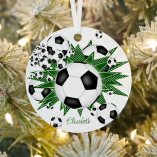 soccer balls green stars girls sports metal ornament