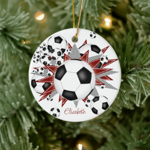 soccer balls maroon grey stars girls sports ceramic ornament