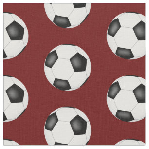 soccer balls on dark red sports pattern fabric