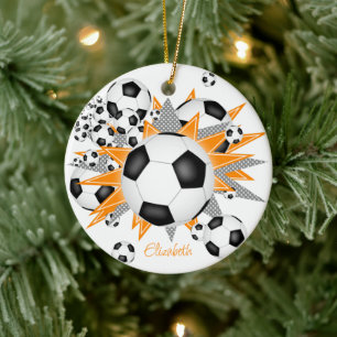 soccer balls orange grey stars girls sports ceramic ornament