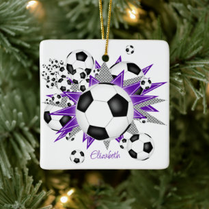 soccer balls purple grey stars girls sports ceramic ornament