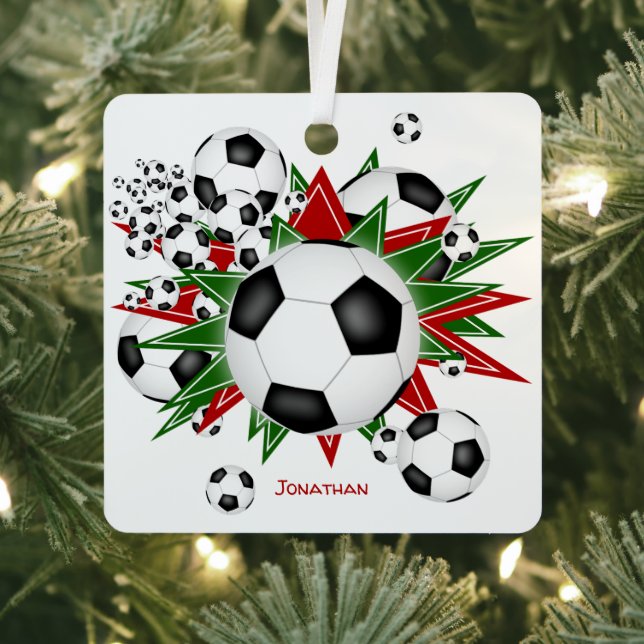 soccer balls red green stars boys girls sports metal ornament (Insitu)
