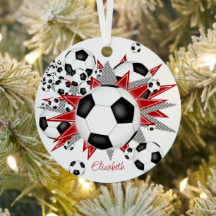 soccer balls red grey stars girls sports metal ornament