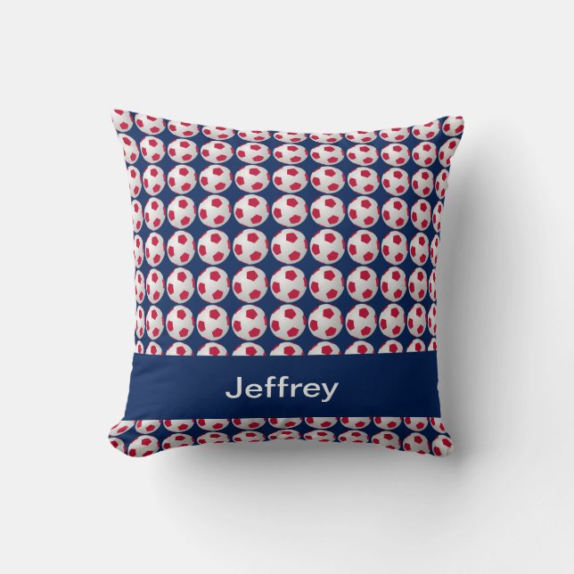 Soccer Balls, Red, White & Blue, Name, Square  Throw Pillow (Front)