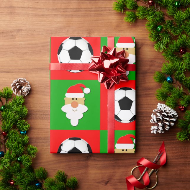 Soccer Balls & Santa Clause Red & Green Christmas Wrapping Paper (Holiday Gift)