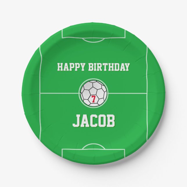 Soccer Balls Soccer Field Personalized Birthday Paper Plate (Front)