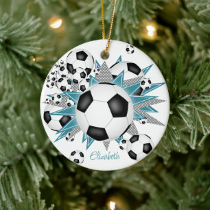 soccer balls teal grey stars girls sports ceramic ornament