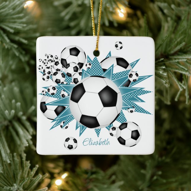 soccer balls teal white stars girls sports ceramic ornament (Tree)