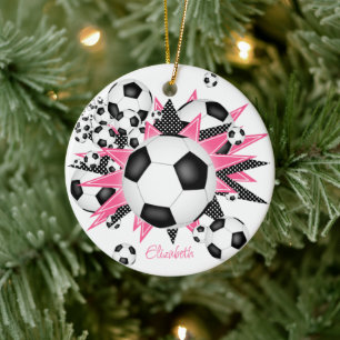 soccer balls w pink black stars girls keepsake ceramic ornament
