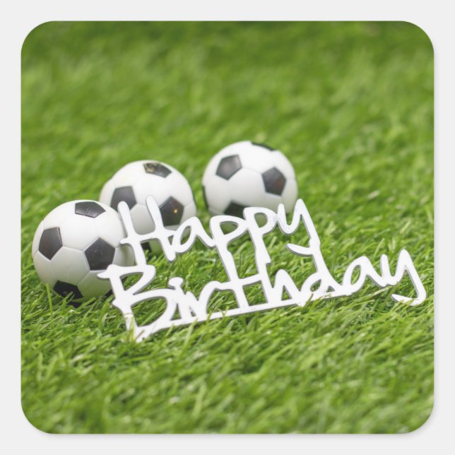 Soccer balls with Happy Birthday word on green Square Sticker (Front)