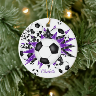 soccer balls with purple black stars girls sports ceramic ornament