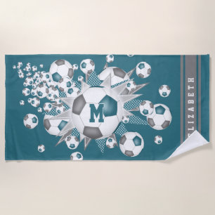 soccer balls with teal grey stars her name beach towel