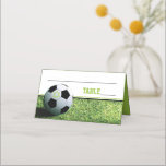 Soccer Bar Mitzvah Folded Place Card<br><div class="desc">This folded soccer-themed Bar Mitzvah place card coordinates with the Night Stadium Bar Mitzvah invitation. It has a band of green grass along the bottom with a black and white soccer ball with a small green Star of David on it in the lower left-hand corner on the front side with...</div>