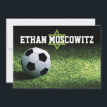Soccer Bar Mitzvah Folded Thank You Card 2<br><div class="desc">This personalized soccer theme Bar Mitzvah thank you card (folded notecard) design features a nighttime soccer stadium with a green grassy soccer field with a black and white soccer ball sitting on the grass in the lower left corner. There is a pale green Star of David beneath the Bar Mitzvah's...</div>