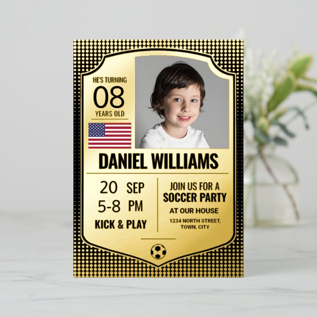 Soccer Birthday Invite, Football Shield Gold (Standing Front)