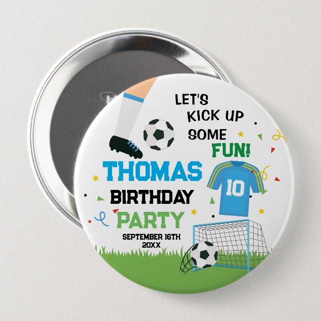 Soccer Birthday party  4 Inch Round Button (Front & Back)