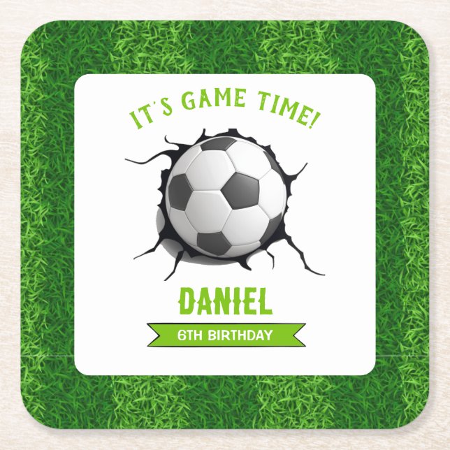 Soccer Birthday Square Paper Coaster (Front)