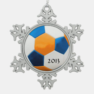 Soccer Blue and Orange Snowflake Pewter Christmas Ornament