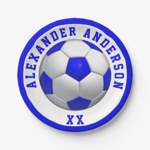 Soccer Blue Name and Jersey Personalize Paper Plate