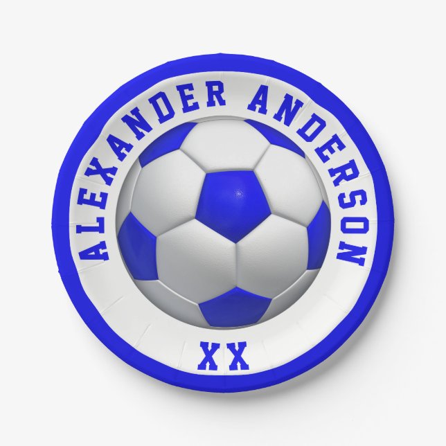 Soccer Blue Name and Jersey Personalize Paper Plate (Front)