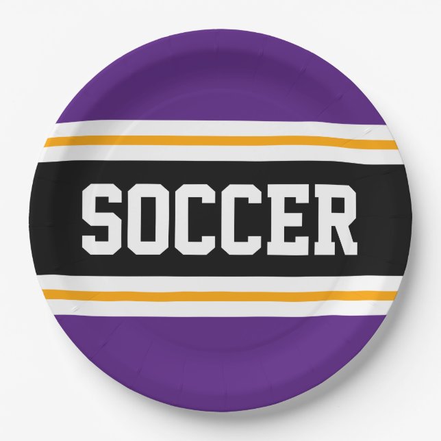 SOCCER Bold Purple Black Yellow Racing Stripes Paper Plate (Front)